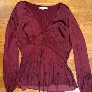 Maroon Silk Long Sleeve V Neck - Size Small